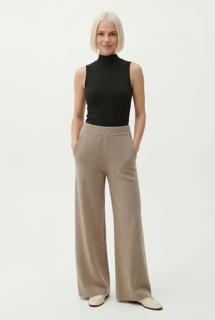 Full outfit view of mohair lounge set with turtleneck top and flared trousers