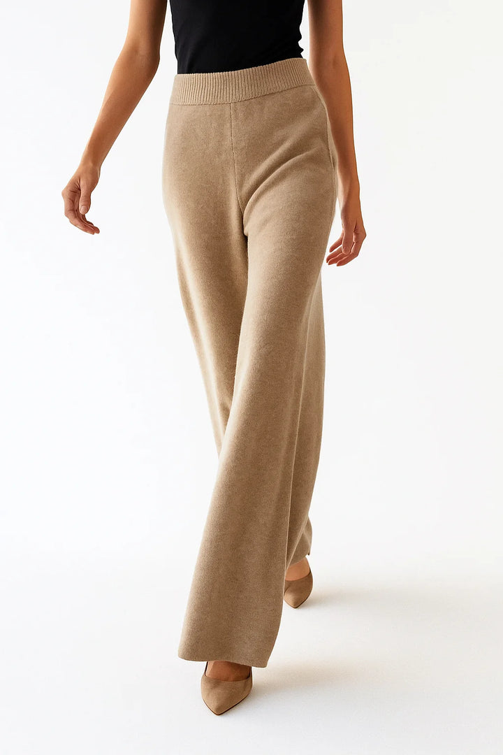 Woman in mohair lounge set demonstrating comfortable stretch and ease of movement