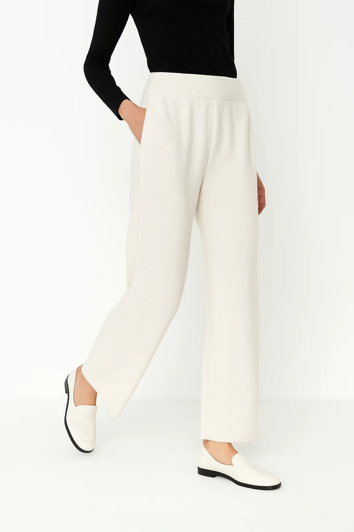 Side profile of mohair lounge set showing fitted top and wide-leg trouser proportions