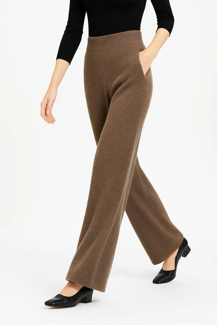 Full-length mohair lounge set view showing sleeveless turtleneck and high-waisted trousers