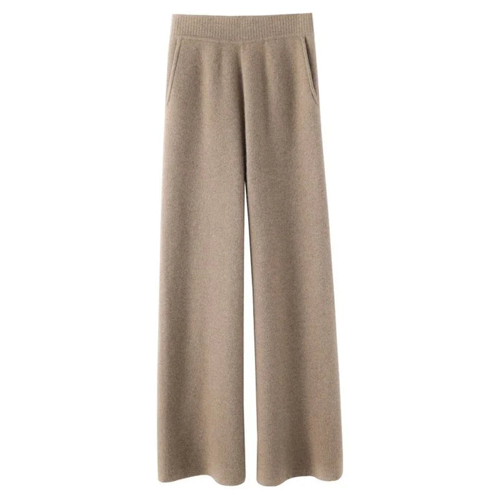 Detail shot of mohair lounge set turtleneck and high-waisted trouser waistband