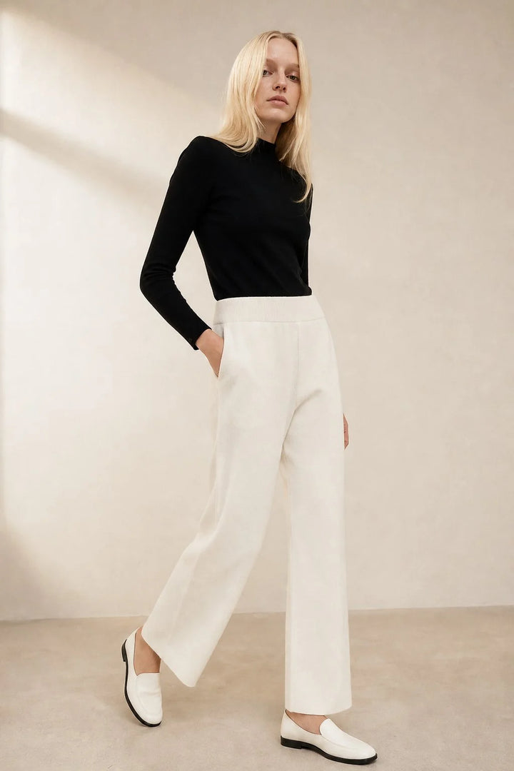 Side angle of mohair lounge set displaying relaxed wide-leg trouser fit and fitted sleeveless top