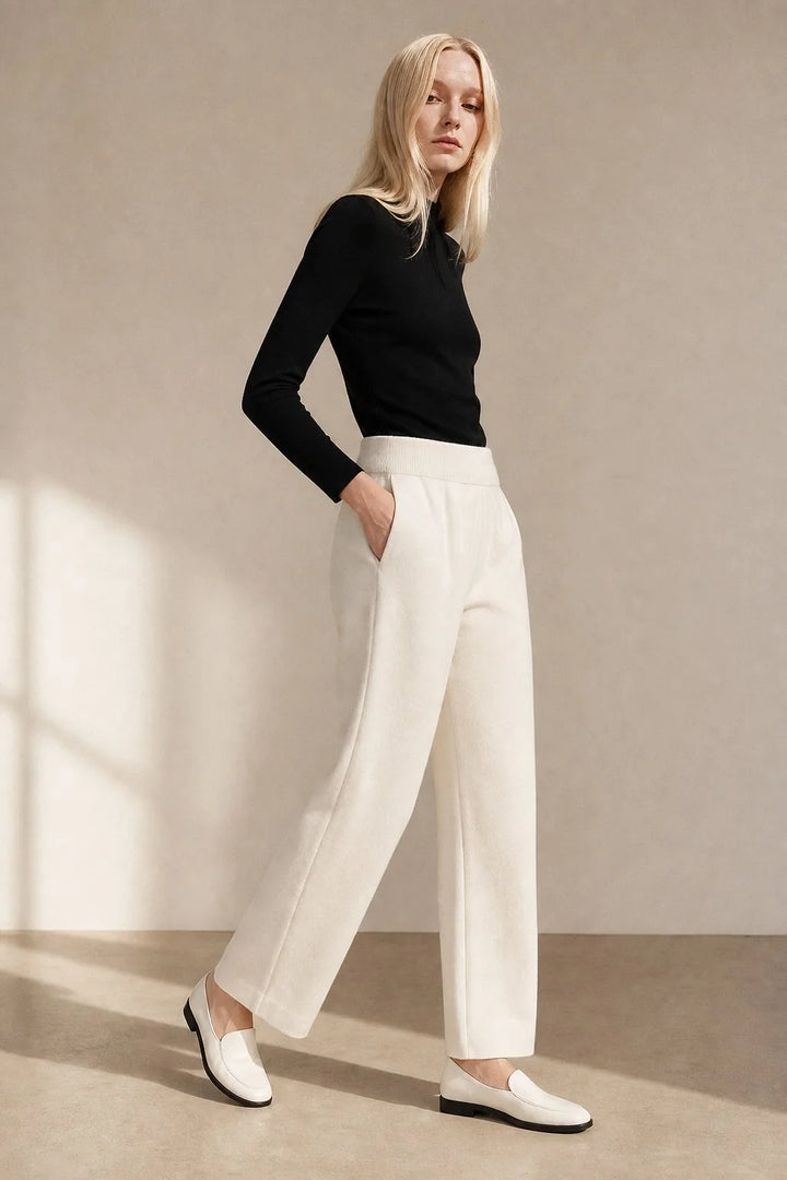 Full-length view of coordinating mohair lounge set in beige with textured knit fabric finish
