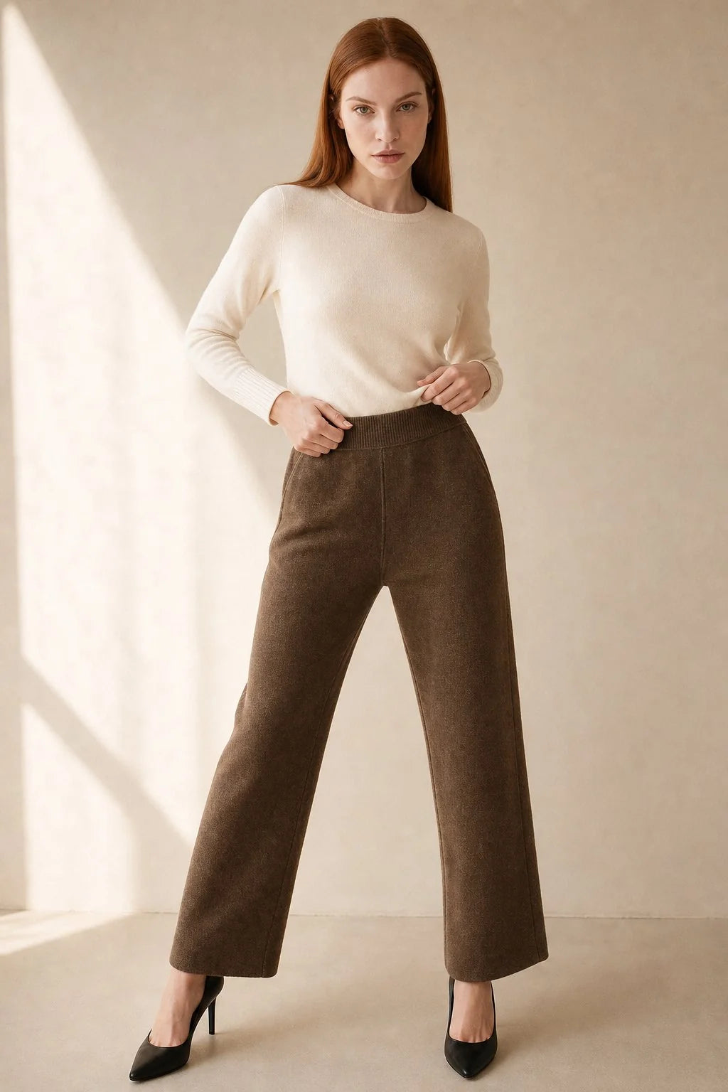 Back view of mohair lounge set highlighting sleeveless top and wide-leg trouser cut