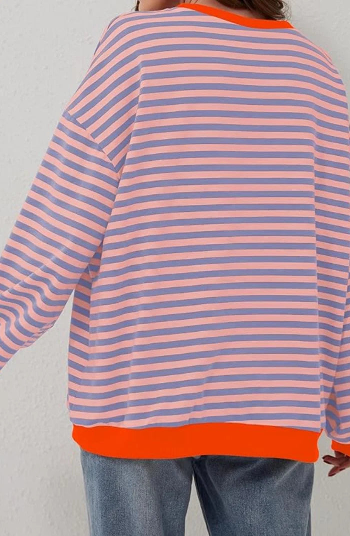 Back view of oversized striped jumper with drop shoulders and contrast trim detail