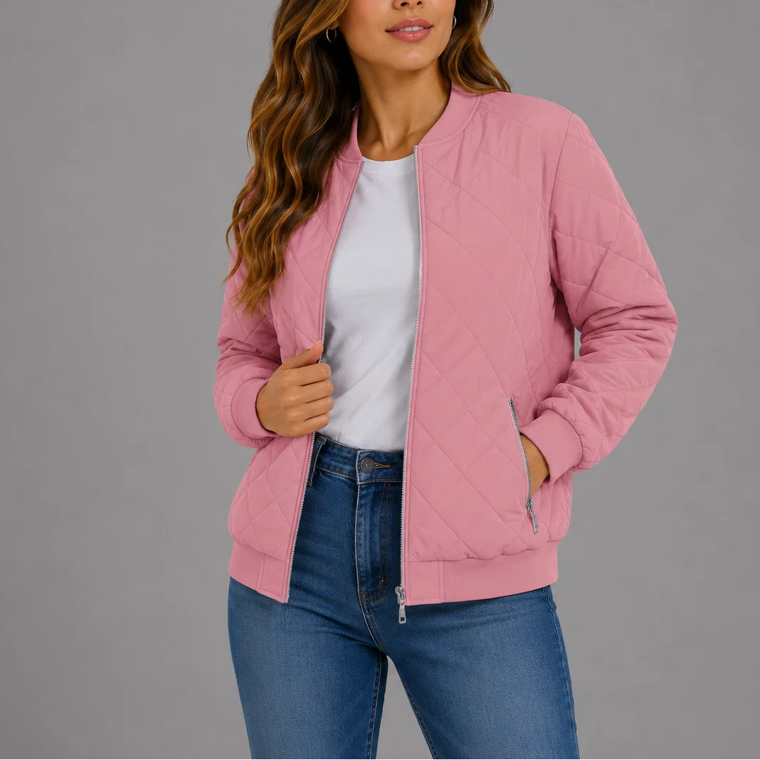 Full-length view of the relaxed bomber silhouette with practical side pockets and zip closure
