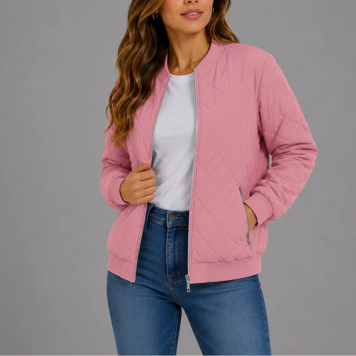 Full-length view of the relaxed bomber silhouette with practical side pockets and zip closure