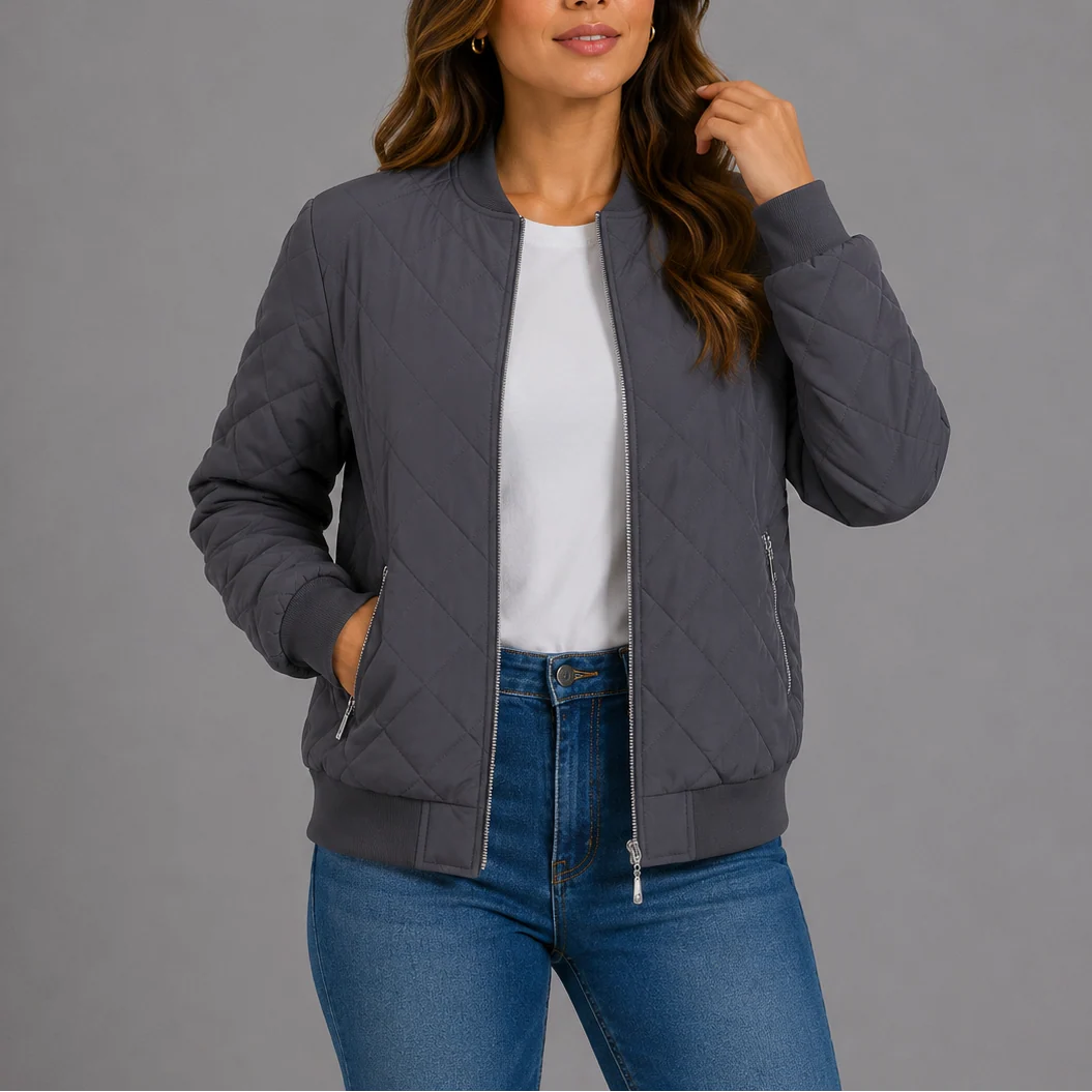 Woman in the quilted bomber jacket showing the comfortable fit and everyday wearability for casual outings