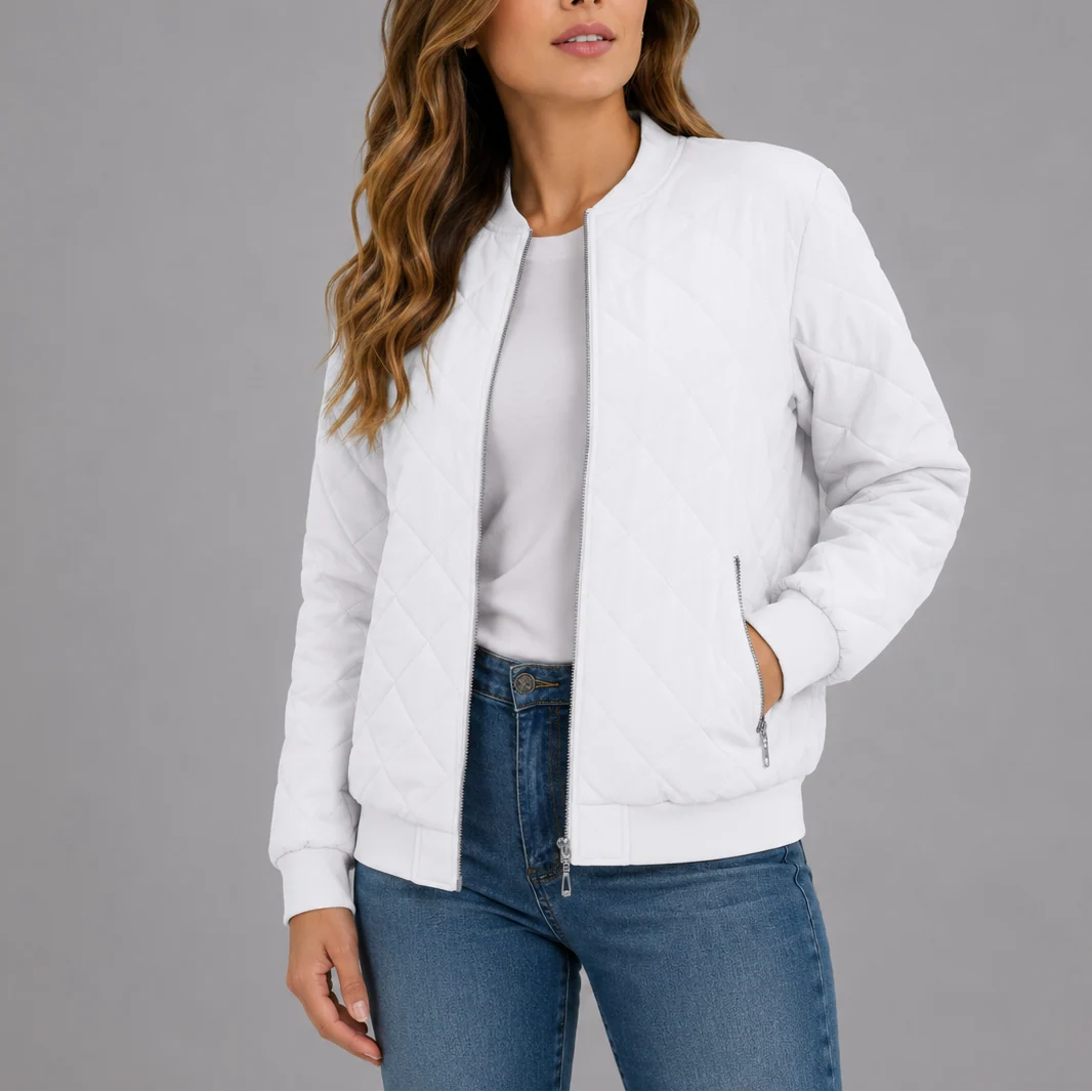 Side view showing the relaxed fit and ribbed hem detail of the quilted bomber jacket