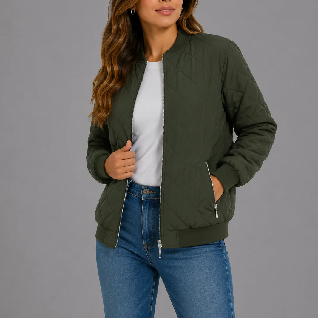 Back view of the women's quilted bomber jacket showing the diamond-stitched pattern throughout
