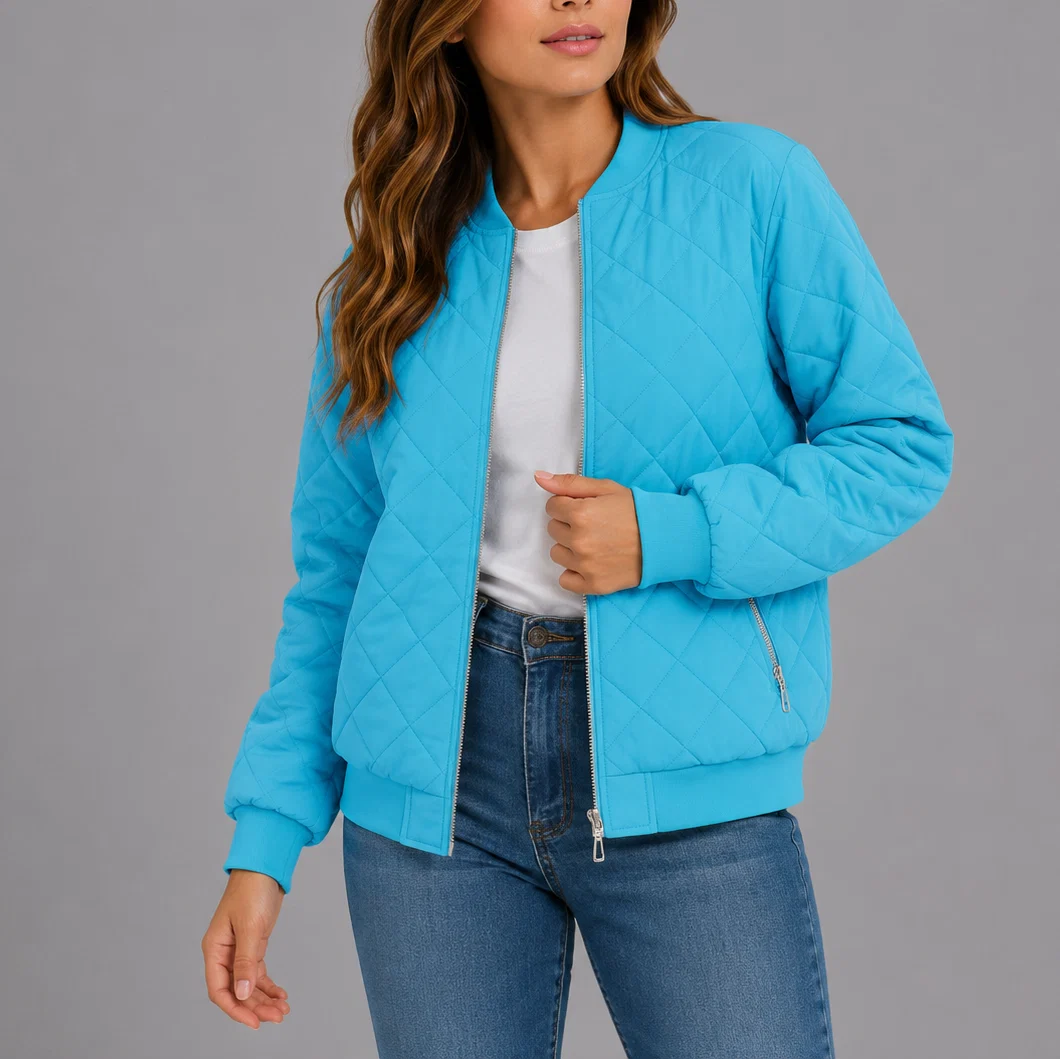 Woman wearing the bomber jacket open over casual wear, showing the ribbed cuffs and relaxed silhouette