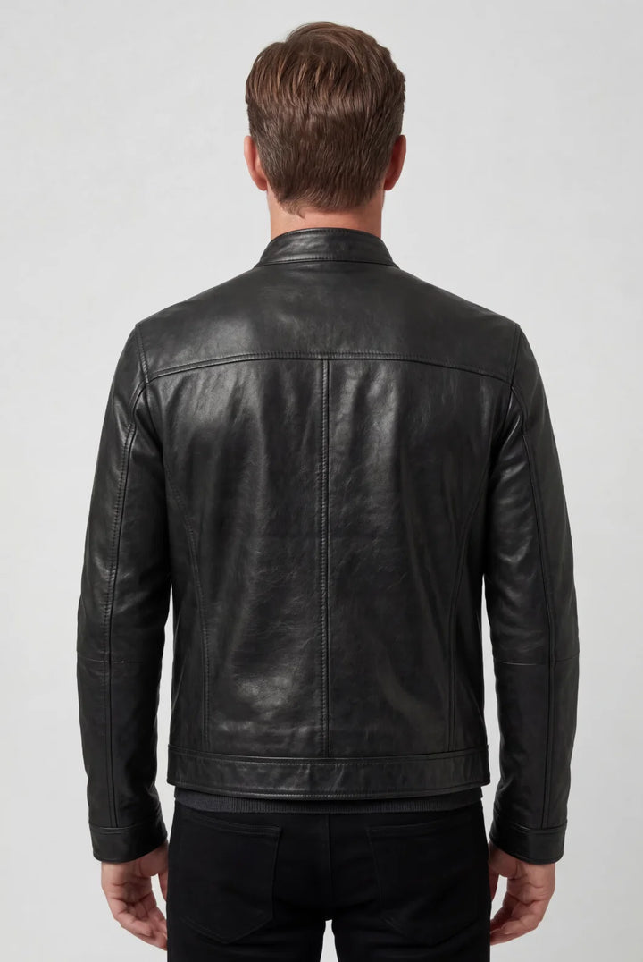 Front view of men's biker jacket showing structured fit and chest zip pockets