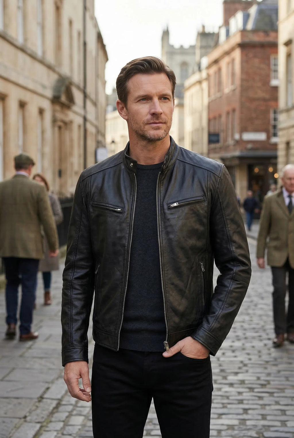 Side angle of men's biker jacket displaying tailored silhouette and sleeve design