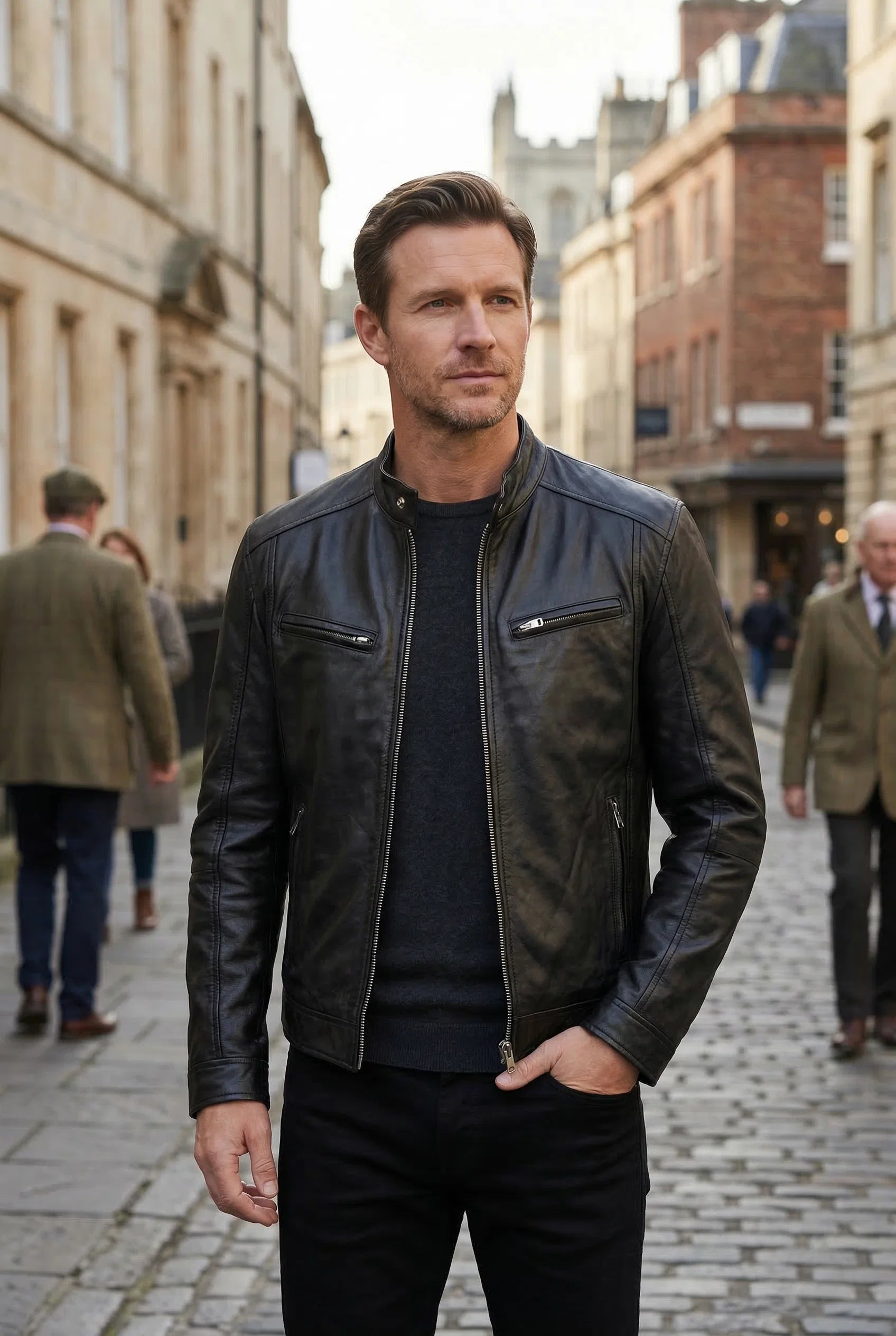 Side angle of men's biker jacket displaying tailored silhouette and sleeve design