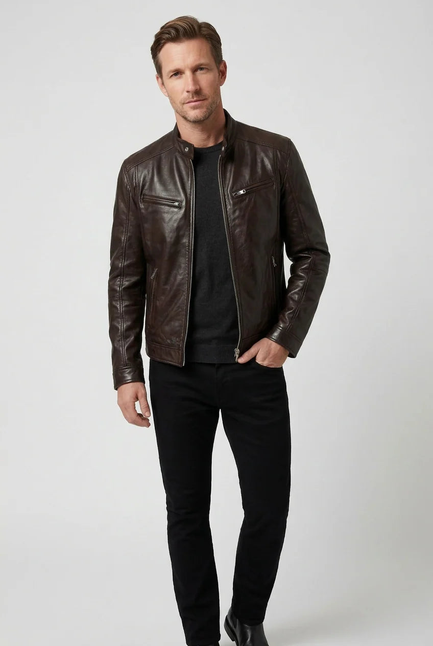 Detail shot of men's biker jacket collar with snap button closure