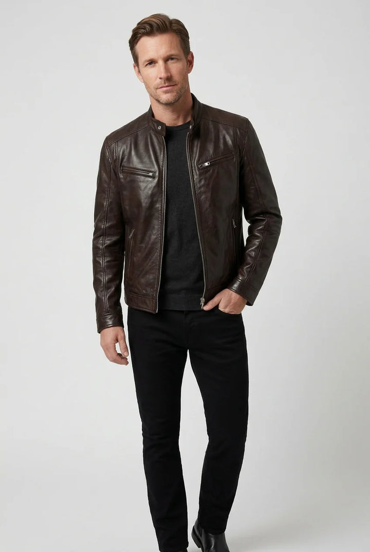 Detail shot of men's biker jacket collar with snap button closure