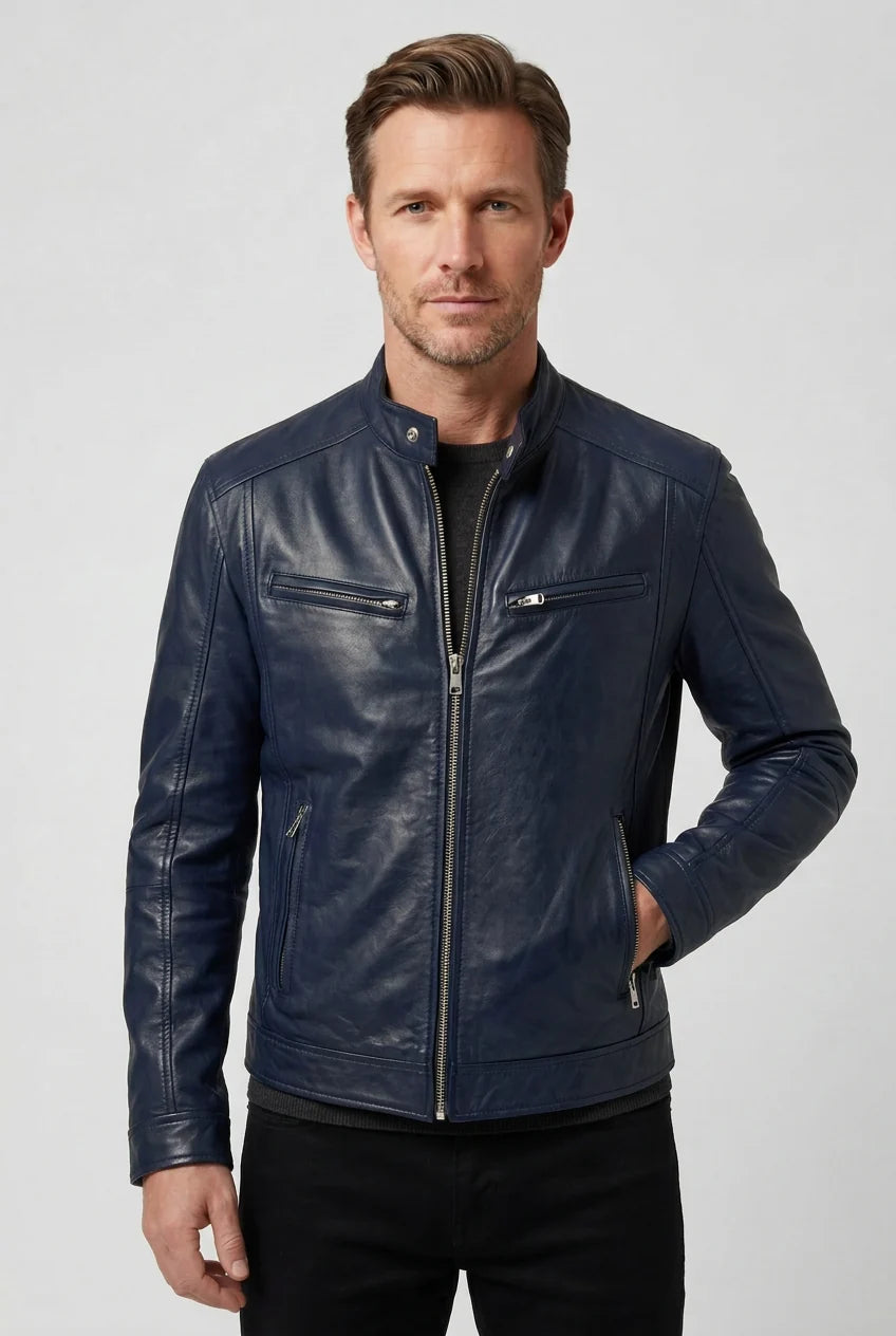 Back view of men's biker jacket showing structured shoulders and clean lines