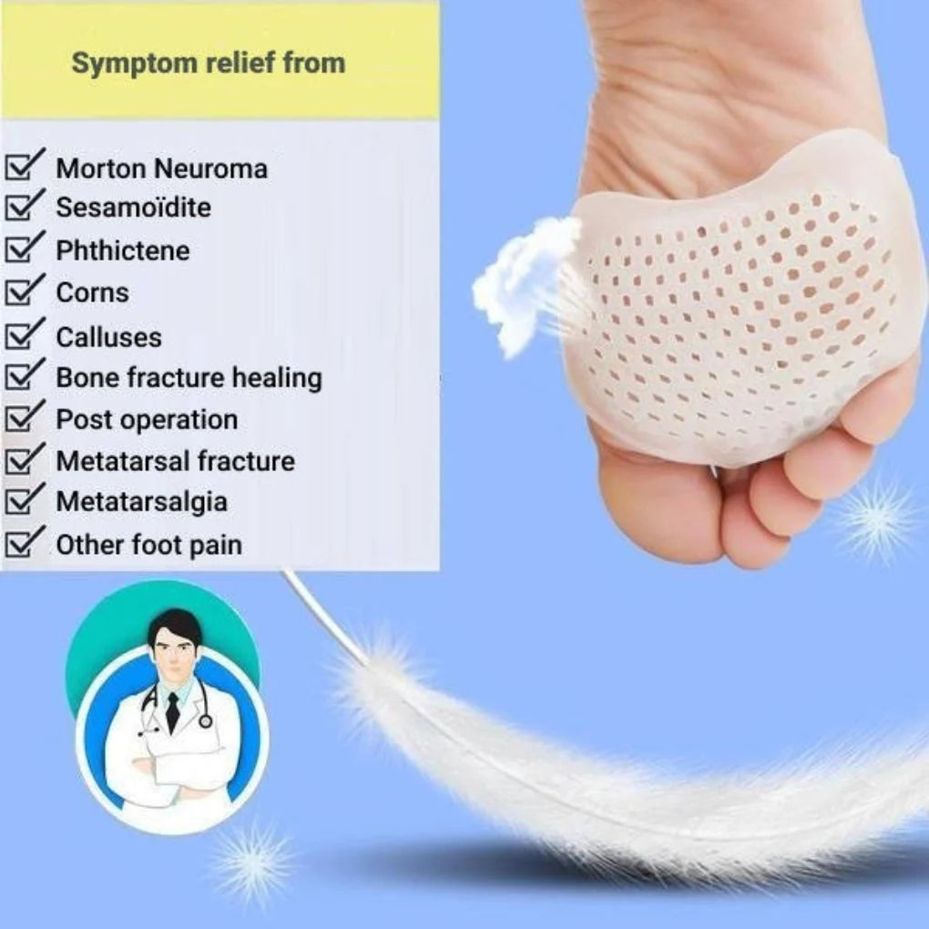 Close-up view of gel metatarsal pad showing textured honeycomb surface and ventilation pattern for breathable cushioning