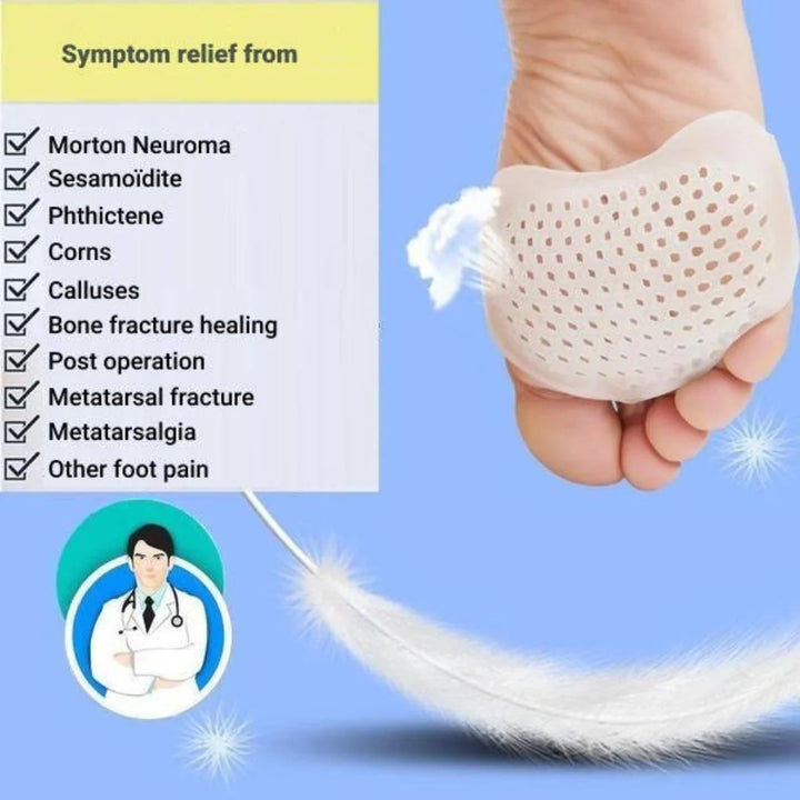 Close-up view of gel metatarsal pad showing textured honeycomb surface and ventilation pattern for breathable cushioning