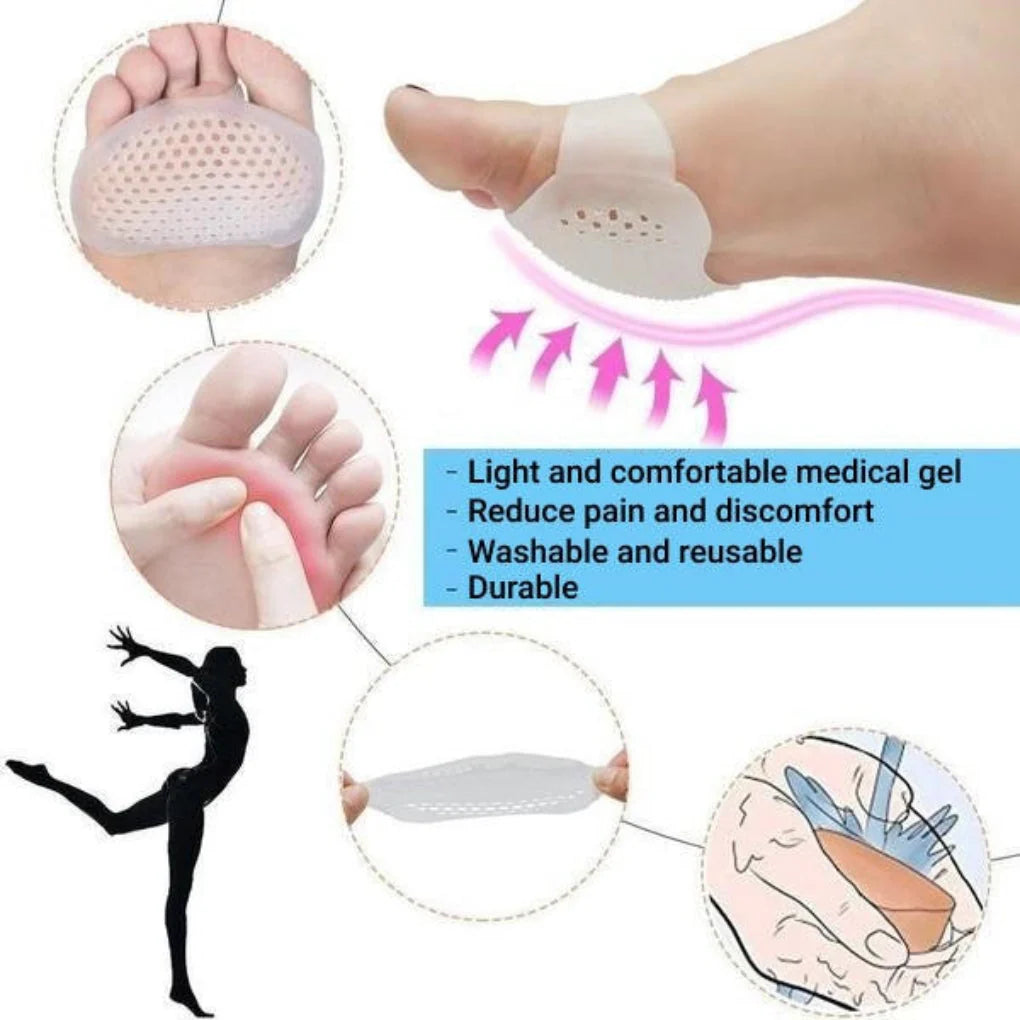 Pair of reusable gel metatarsal pads designed to adhere inside trainers or dress shoes for targeted ball-of-foot relief