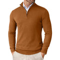 Men's quarter-zip knit jumper in camel with ribbed collar and contrast zip layered over white shirt