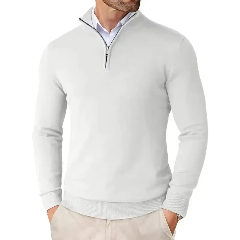 Back view of men's quarter-zip knit jumper showing smooth knit construction and ribbed hem
