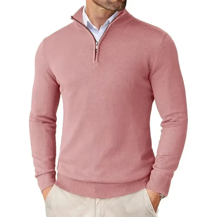 Men's quarter-zip jumper styled with collared shirt for smart-casual layering look