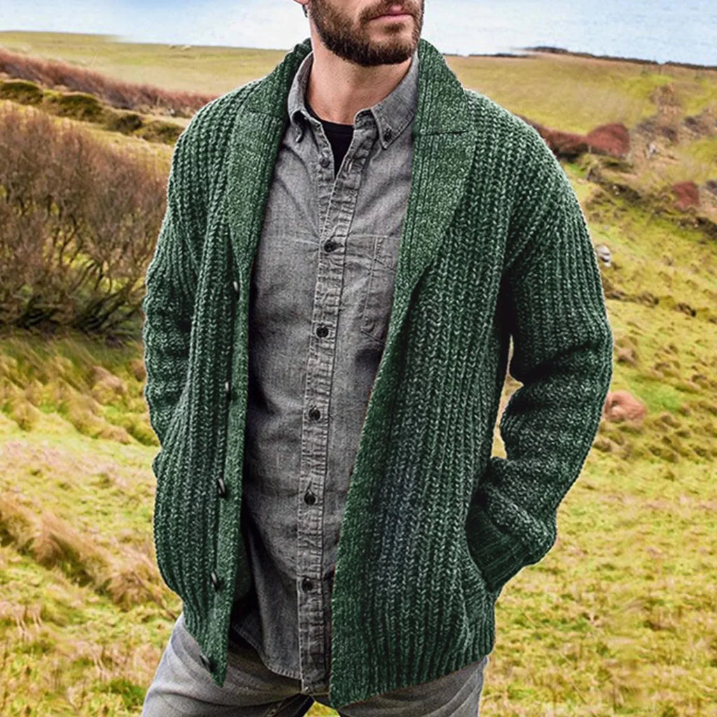 Close-up view of chunky ribbed knit texture and shawl collar detail on men's cardigan