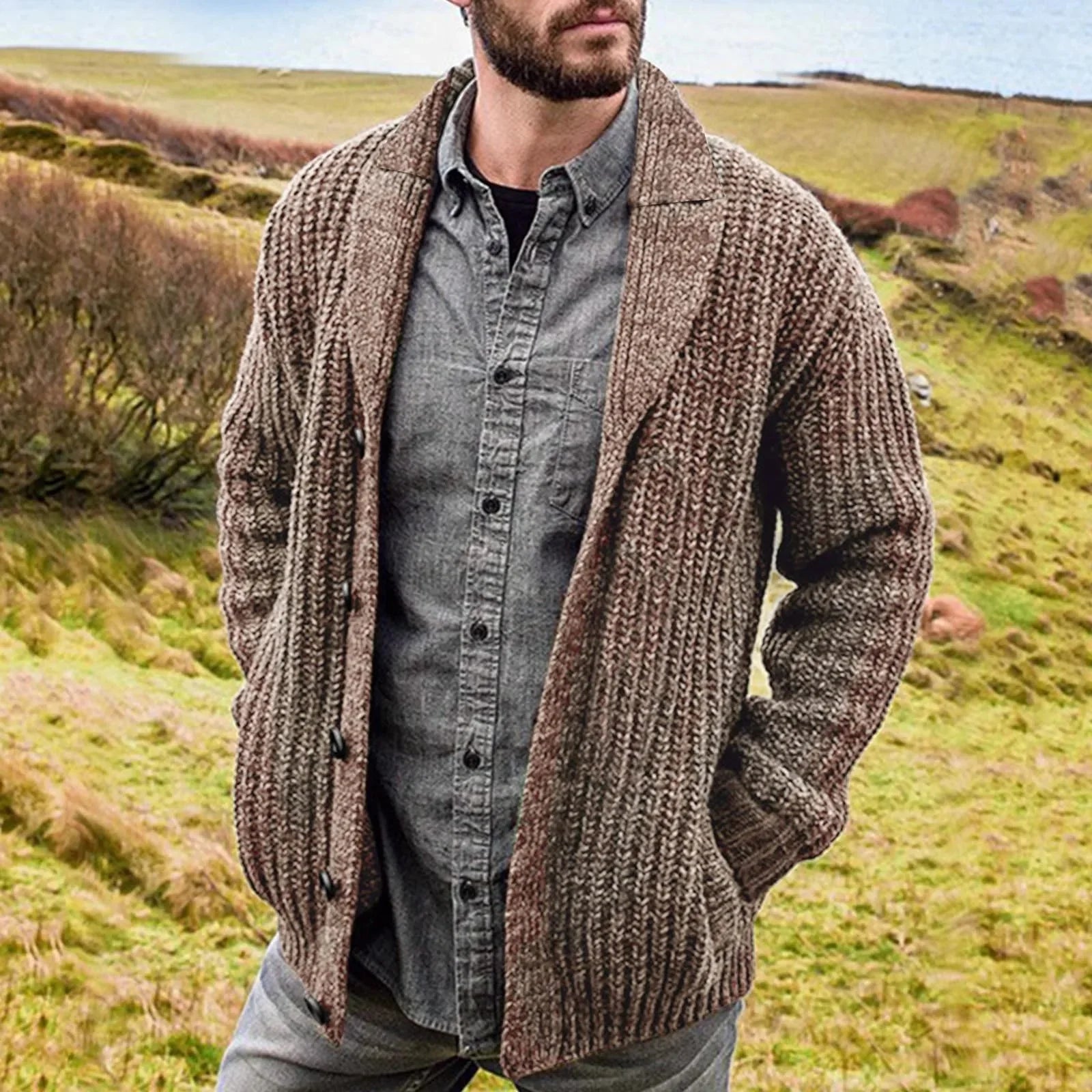 Side profile of men's button-through cardigan showing relaxed fit and mid-hip length