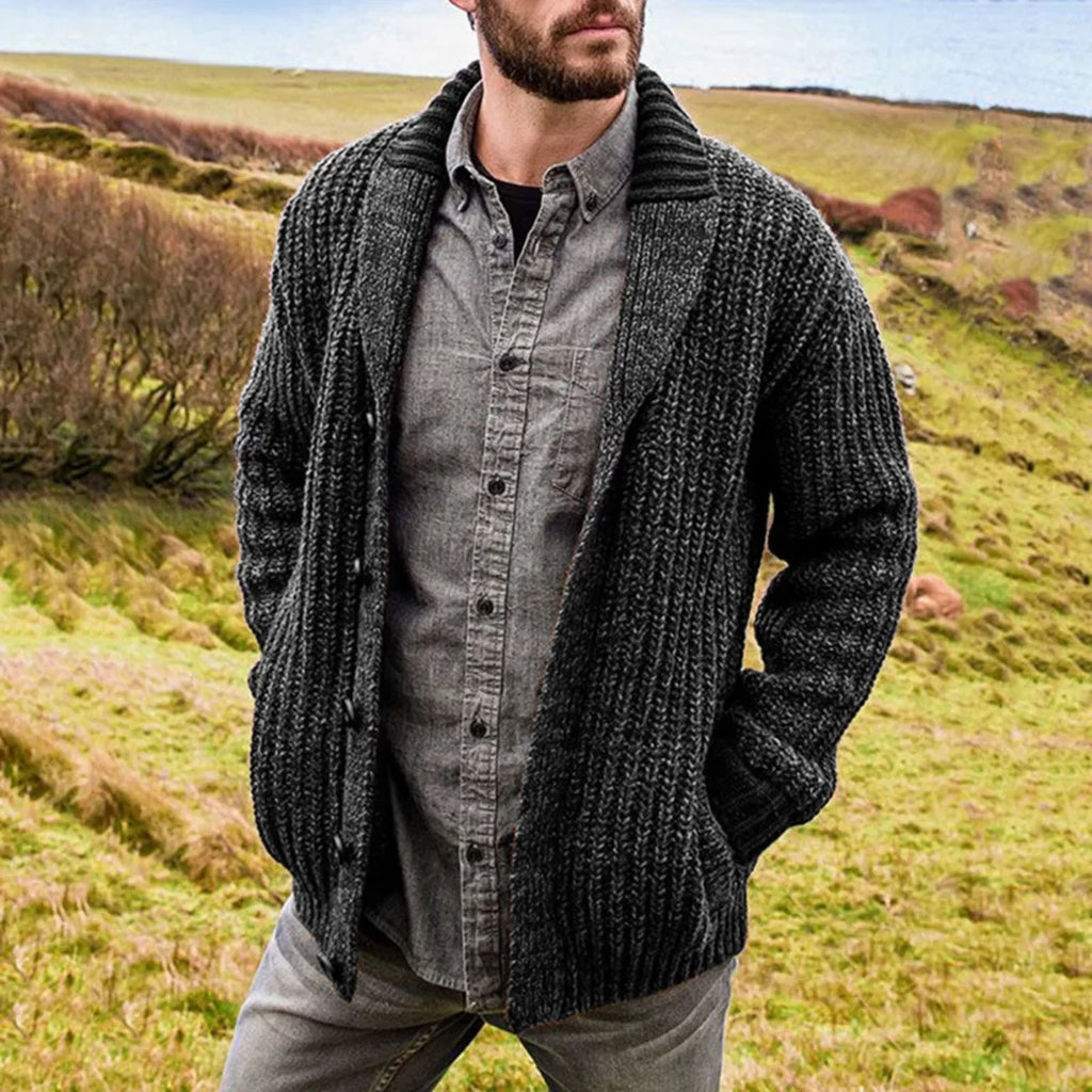 Men's shawl collar cardigan styled with casual denim shirt for layered autumn look