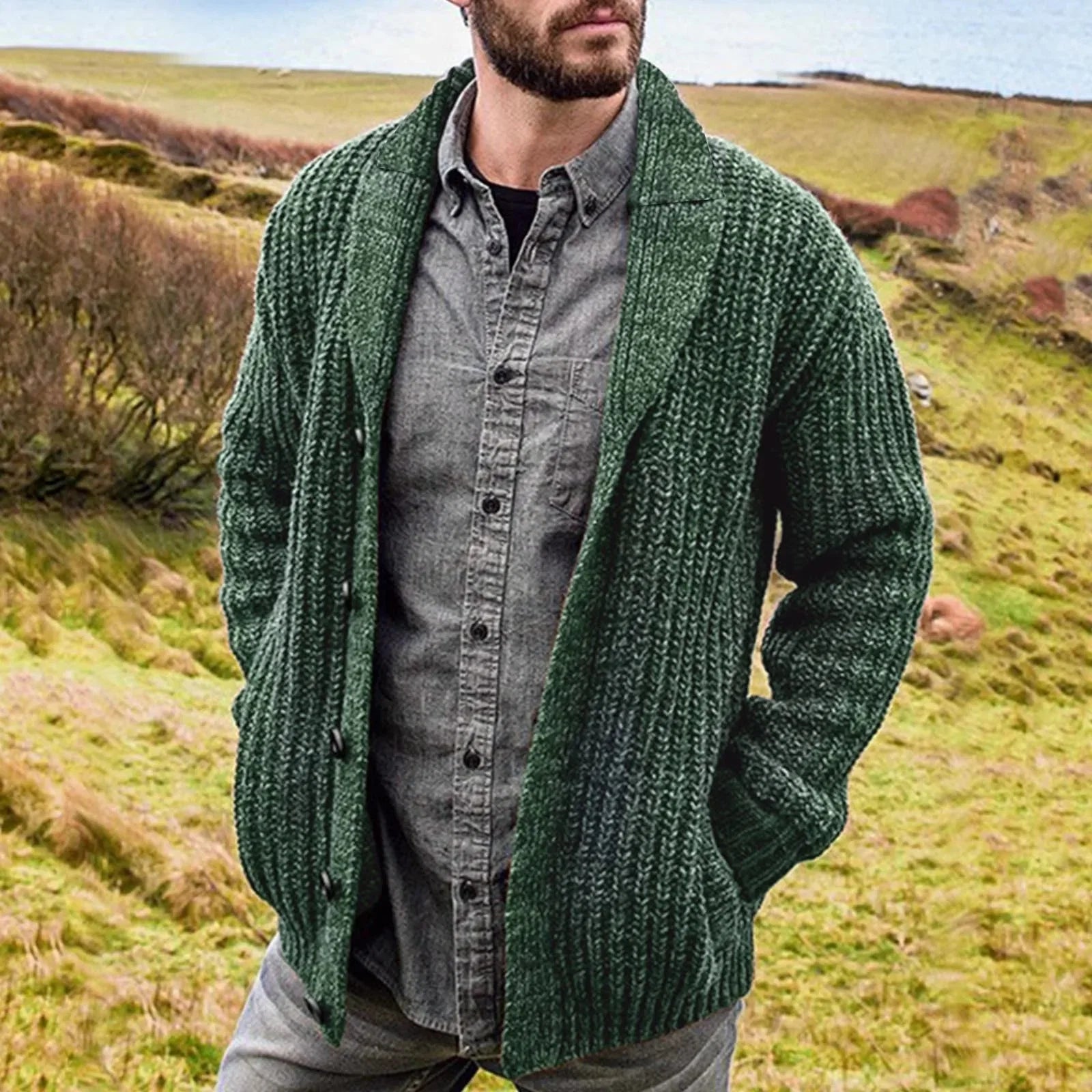 Textured ribbed knit fabric detail showing depth and warmth of men's cardigan construction