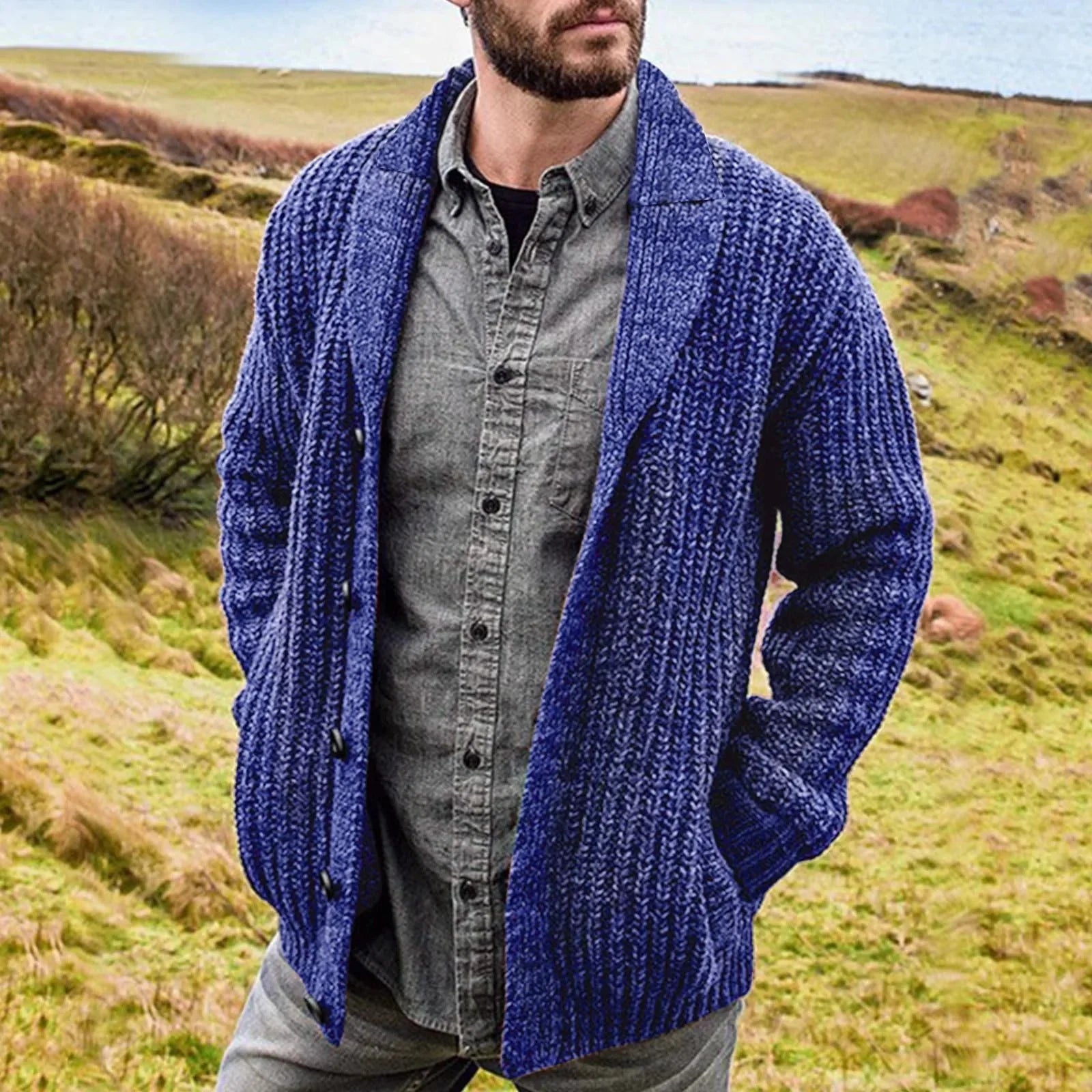 Back view of chunky knit cardigan showing relaxed shoulder line and ribbed texture