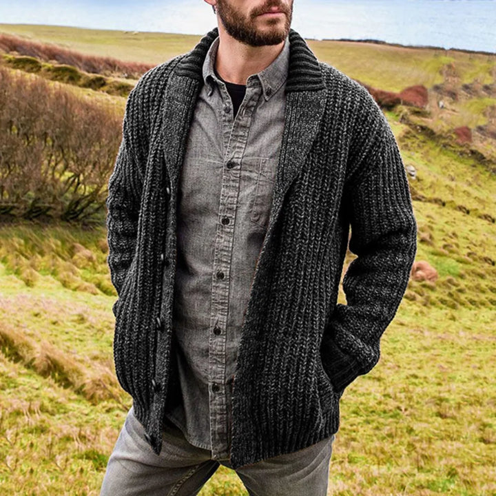 Men's button cardigan layered over shirt demonstrating versatile casual styling options