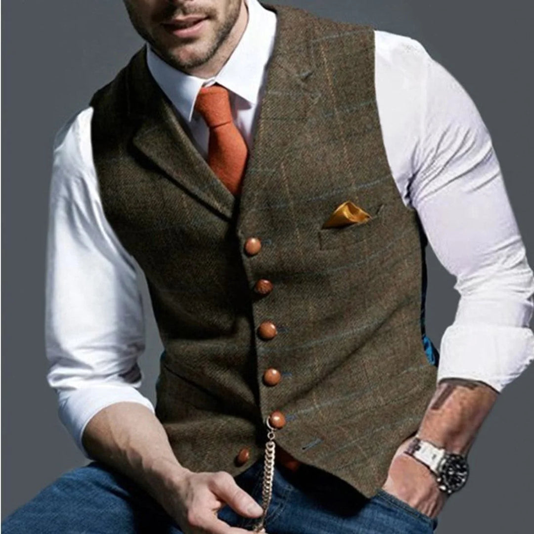 Men's tweed waistcoat with herringbone weave and wooden-tone buttons styled over white shirt