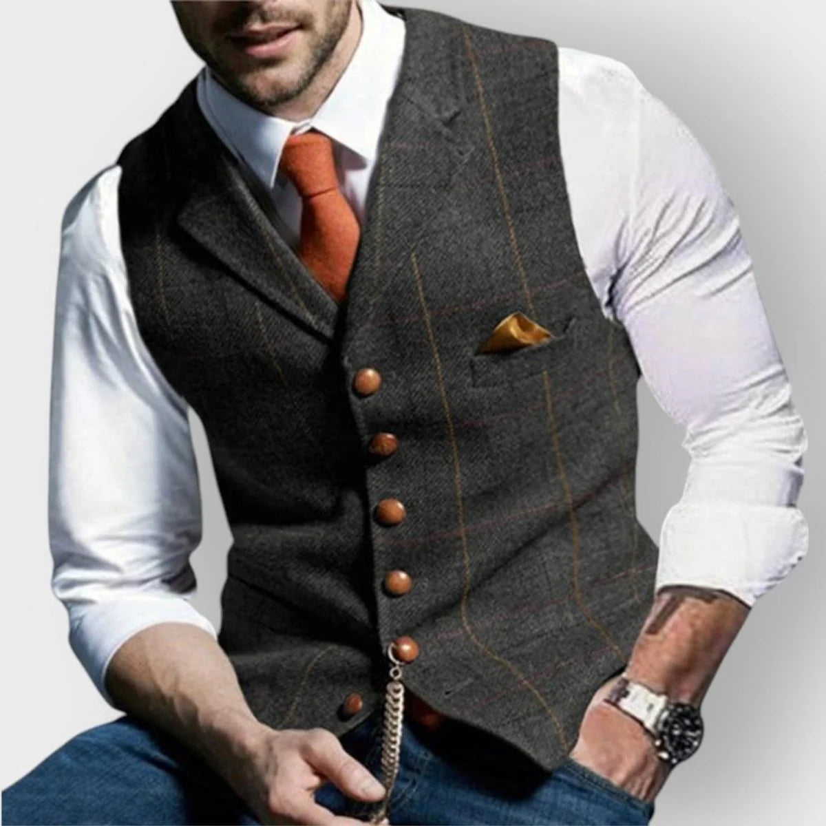 Close-up of men's tailored gilet showing structured tweed fabric and button-front closure detail