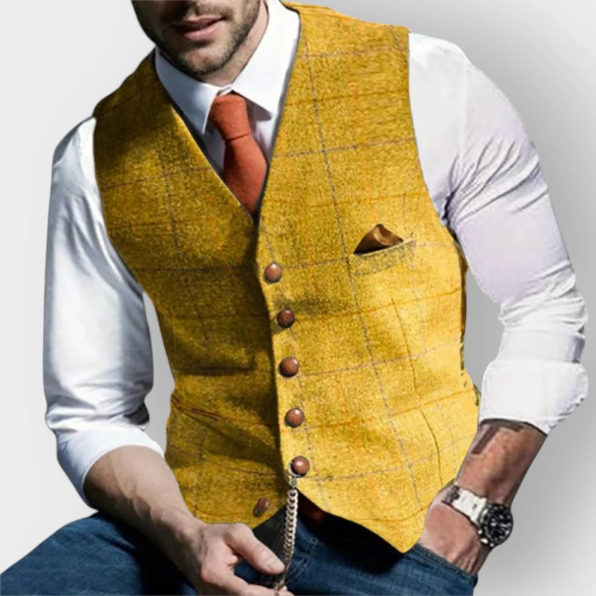 Men's herringbone waistcoat with wooden buttons and tailored silhouette for three-piece suit styling