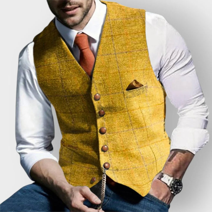Men's herringbone waistcoat with wooden buttons and tailored silhouette for three-piece suit styling
