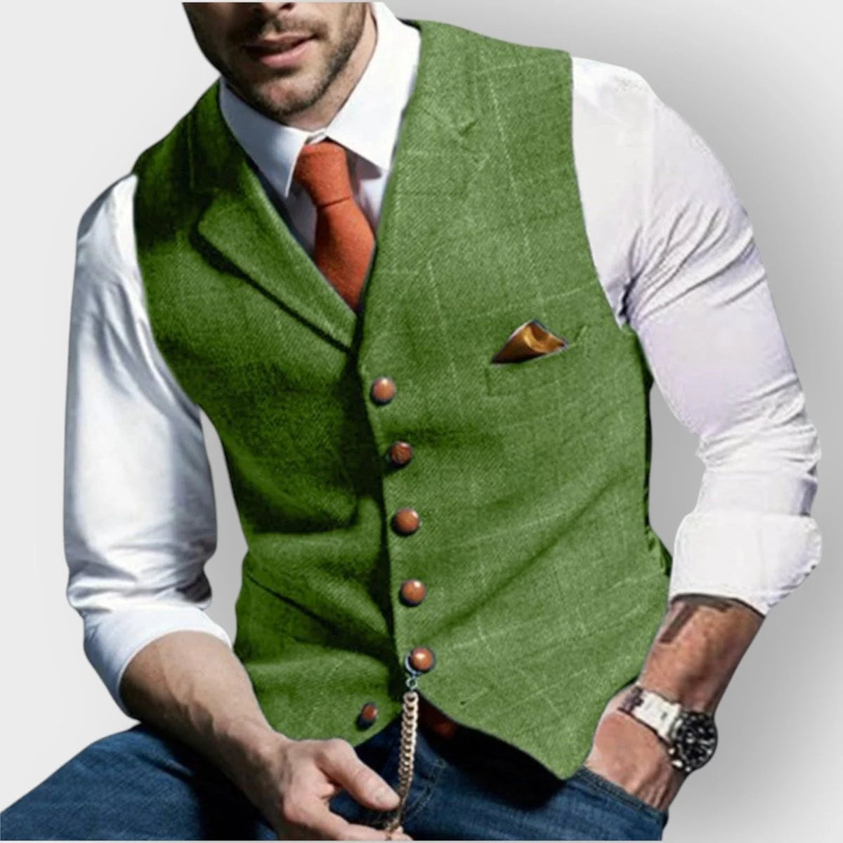 Full-length view of men's formal gilet with structured weave and button-front design