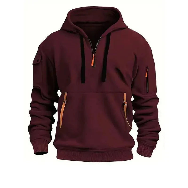 Men's hoodie ribbed cuffs and hem detail with structured fleece fabric construction