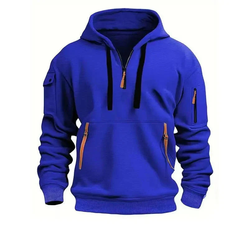 Back view of navy pullover hoodie showing clean design and relaxed fit