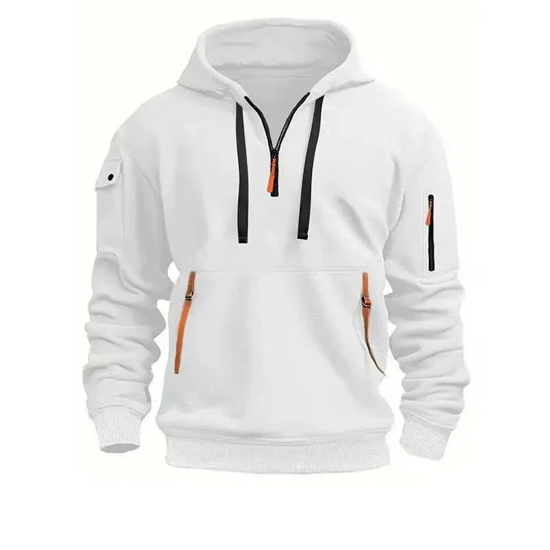Full-length view of men's zip pocket hoodie with multiple storage compartments