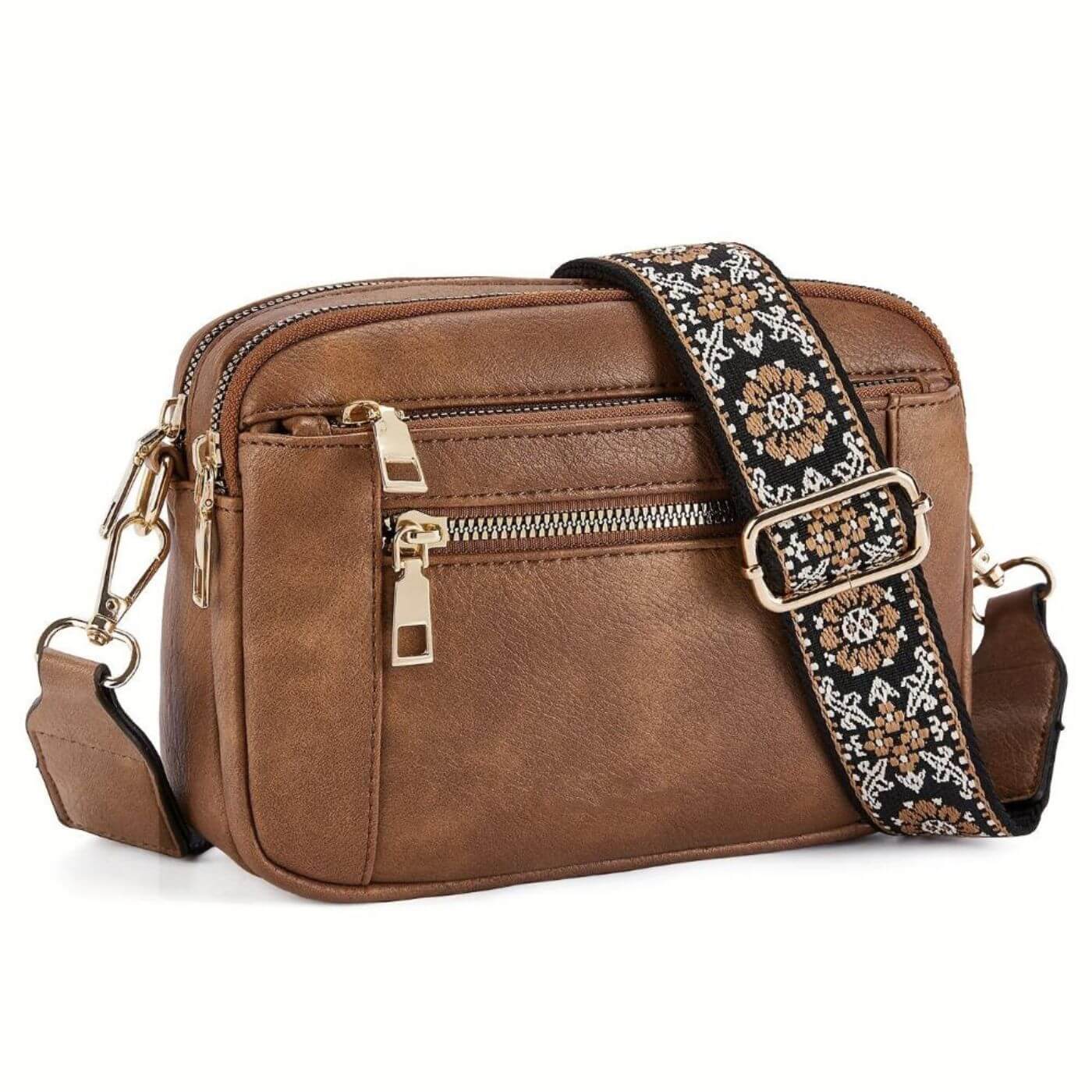 Side view of compact crossbody bag displaying structured silhouette and brown contrast trim