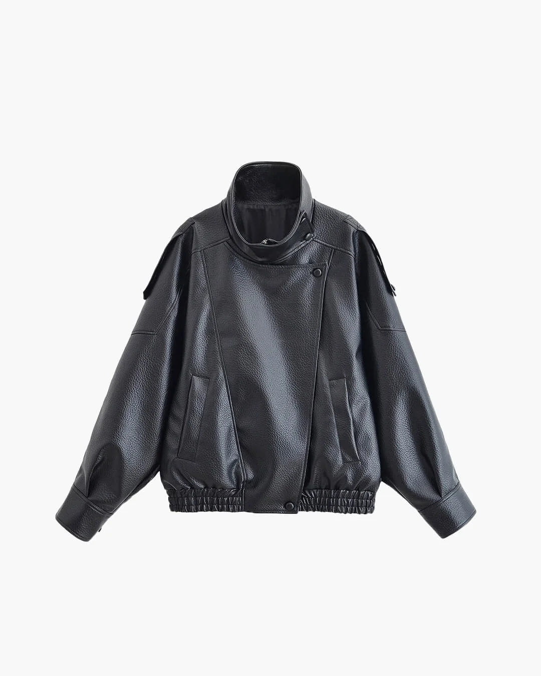 Grace women's faux leather bomber jacket with high neck collar and elasticated hem in black