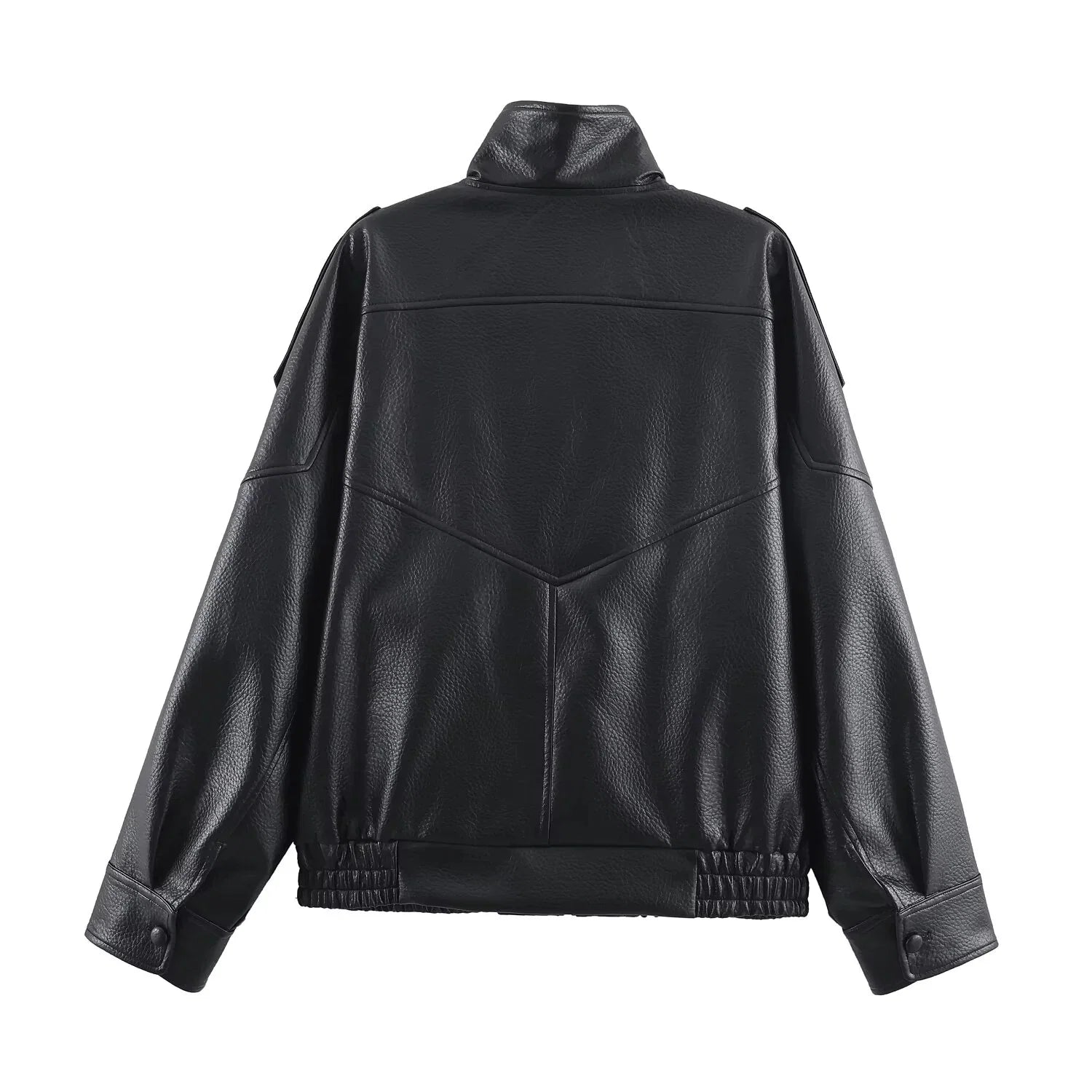 Close-up of women's bomber jacket showing structured faux leather finish and zip fastening