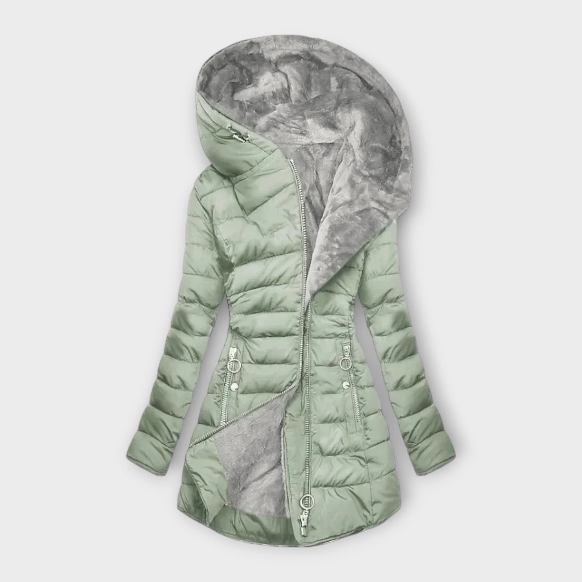 Women's hooded puffer coat in sage green with quilted panels and faux fur lining detail