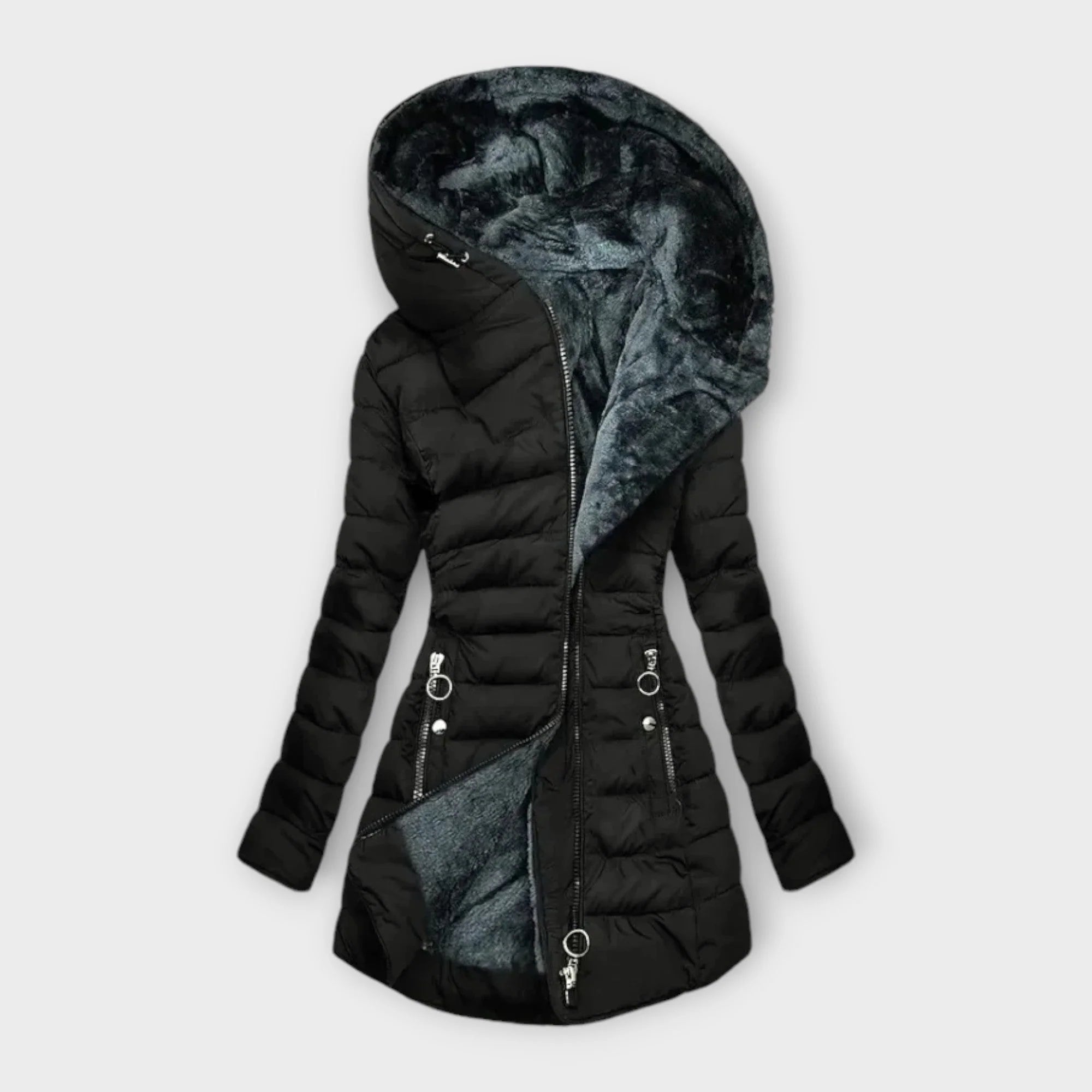 Hooded puffer coat with full-length zip closure and decorative pocket zips shown flat