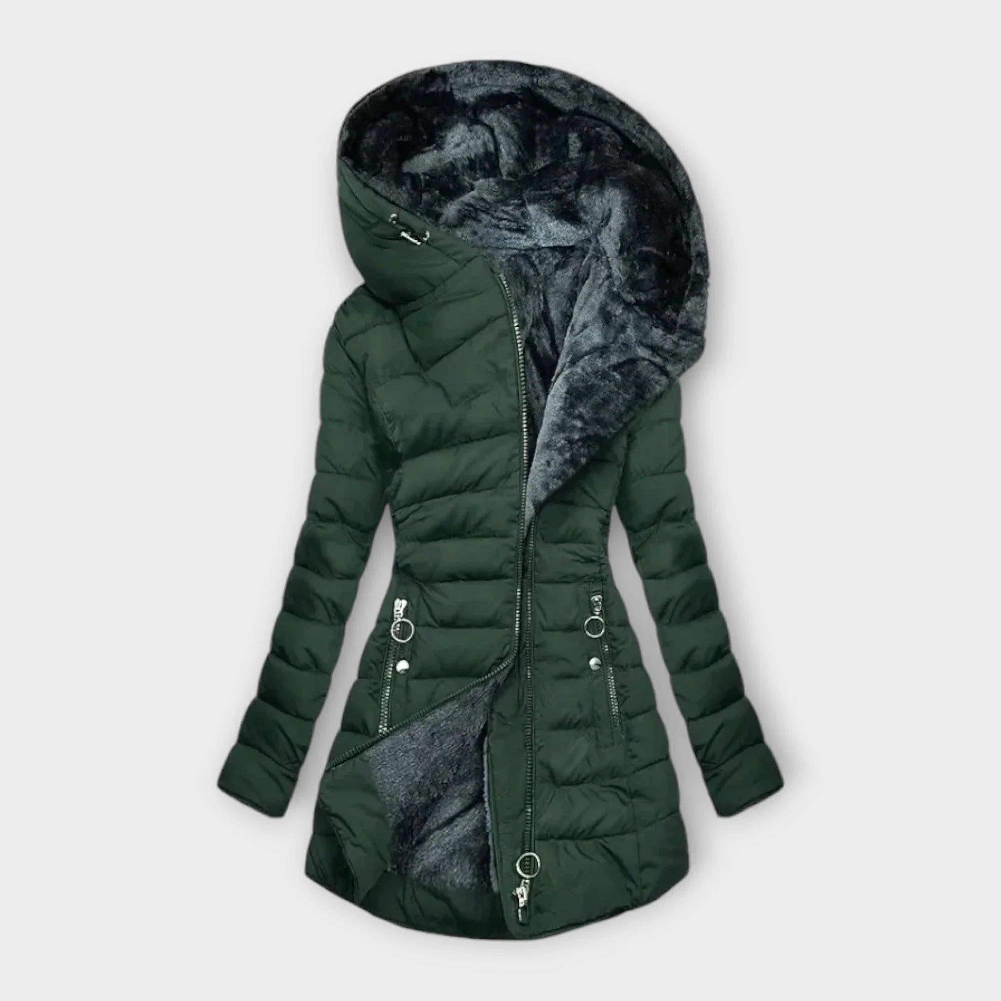 Mid-thigh length puffer coat with adjustable hood and relaxed fit for layering