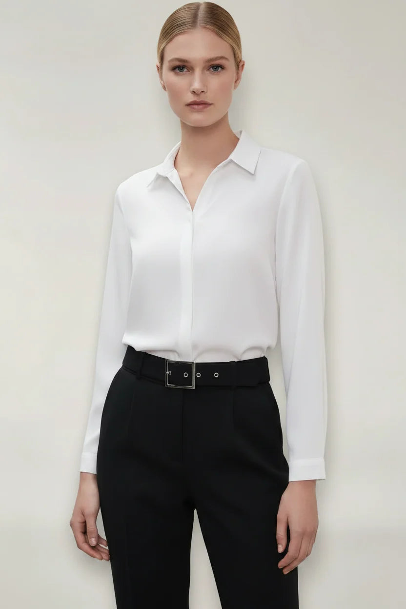 Grace women's tailored button-up blouse in white with classic collar and front button closure