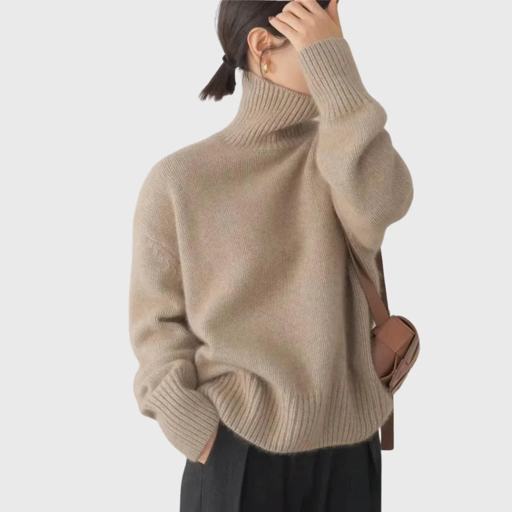 Full-length view of women's turtleneck jumper in neutral beige tone for layering and everyday wear