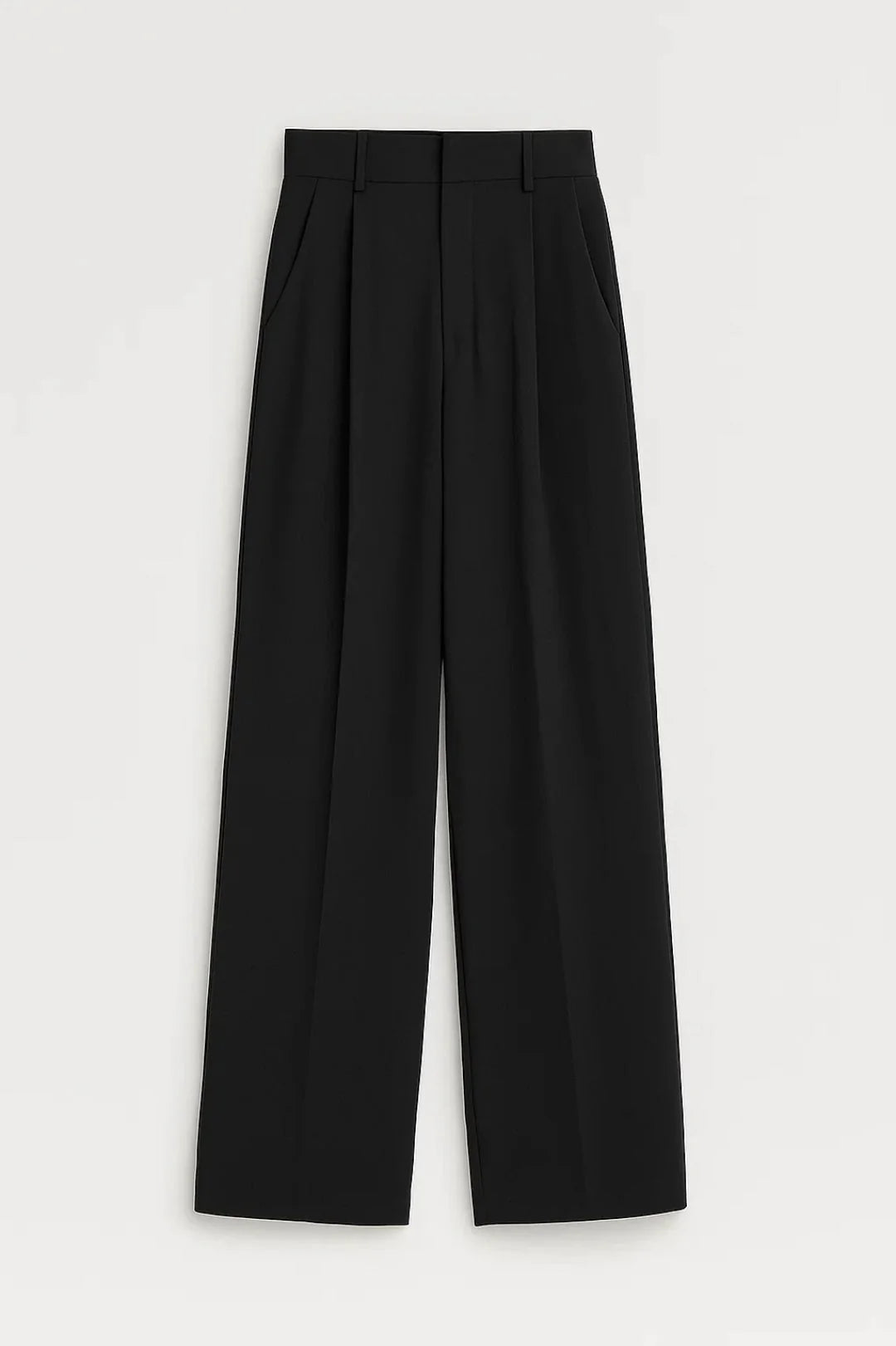 Detail shot of women's wide leg trousers showing side pocket and structured woven fabric finish